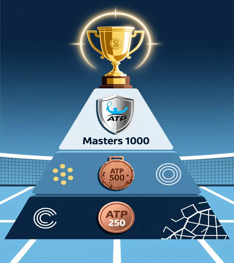 ATP tennis tournament pyramid showing four main tiers from Grand Slams to ATP 250 events