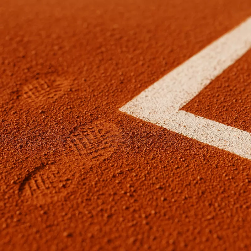 Close-up of red clay tennis court surface showing texture and footprint marks