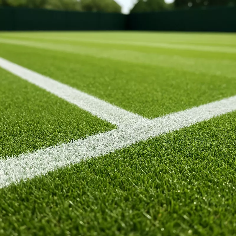Pristine grass tennis court surface with perfectly manicured green grass