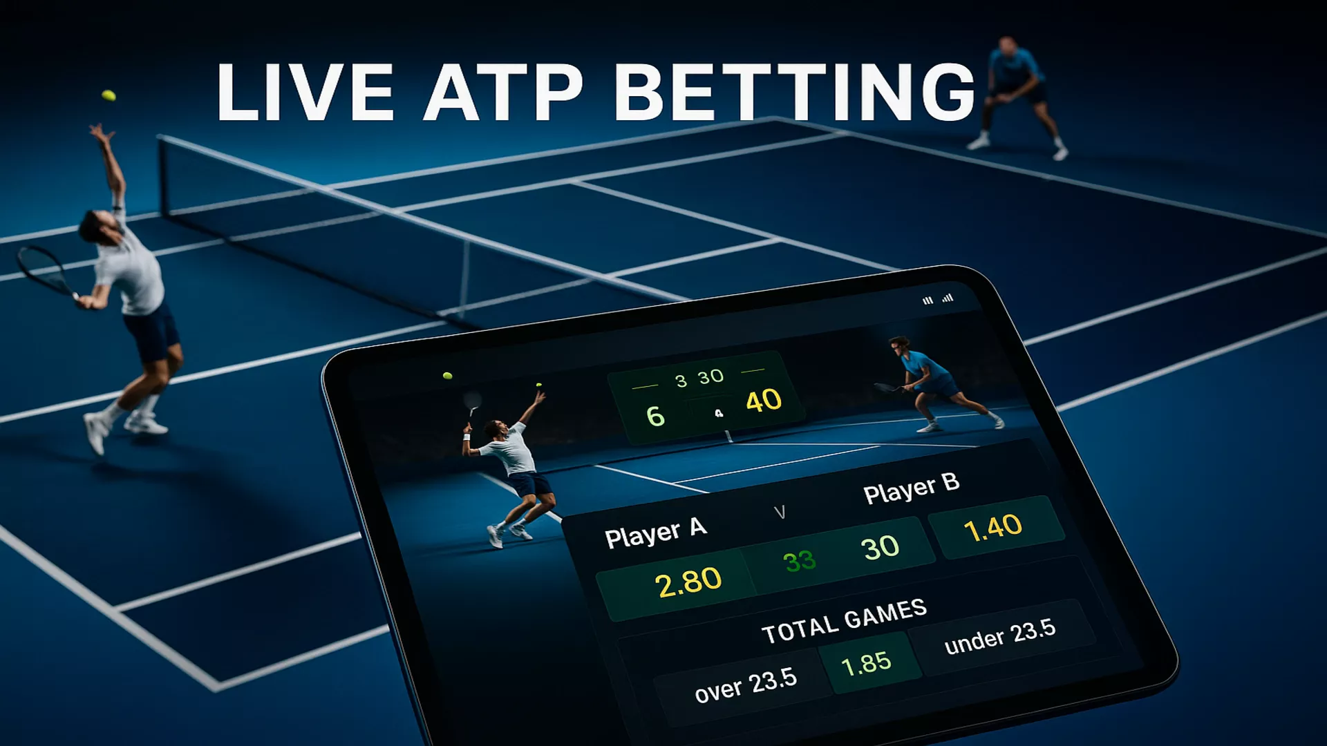 Live ATP tennis betting showing real-time match action with betting odds overlay