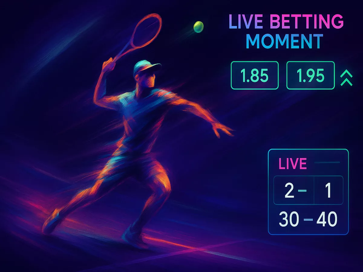 Dynamic tennis match action with live betting odds and momentum indicators overlay