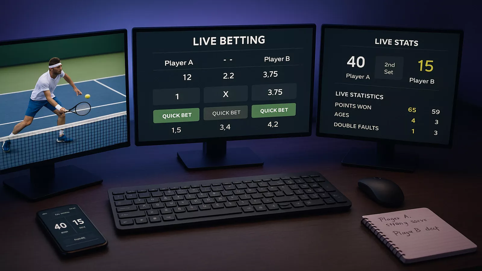 Professional live betting workstation with multiple monitors showing match stream, betting platform, and statistics