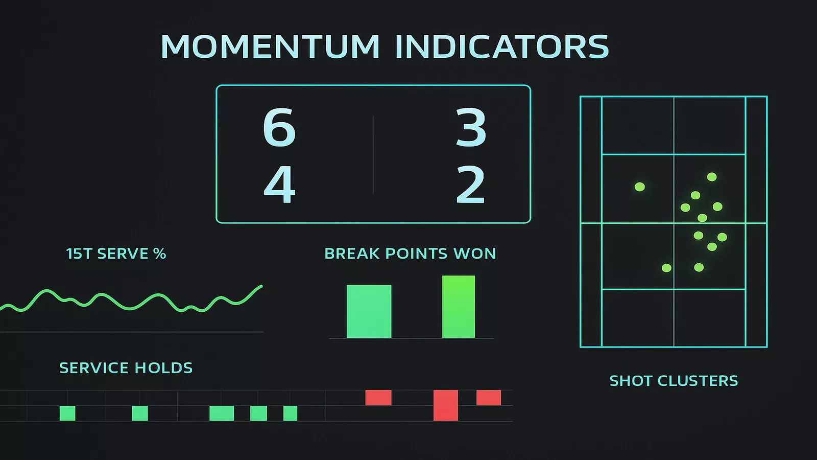 Live momentum indicators dashboard showing first serve percentage, break points, and service patterns