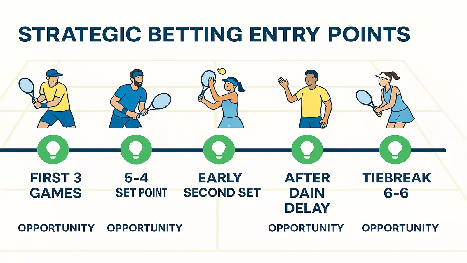 Strategic betting entry points timeline showing key moments during tennis matches