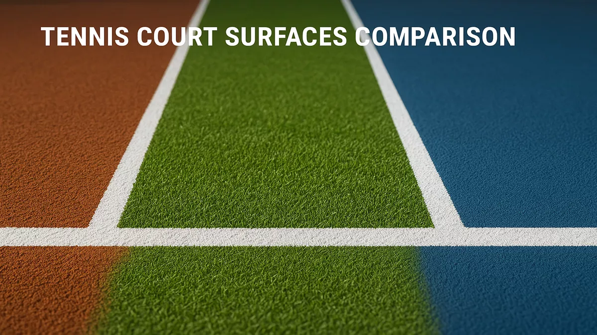 Comparison of three tennis court surfaces - clay, grass, and hard court side by side