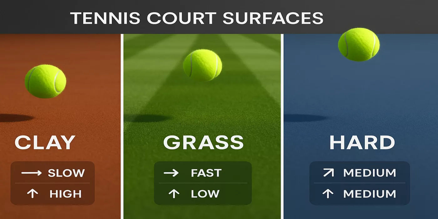 Comparison of clay, grass, and hard court tennis surfaces showing different bounce characteristics