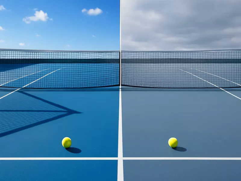 Split view of tennis court in sunny versus cloudy weather conditions