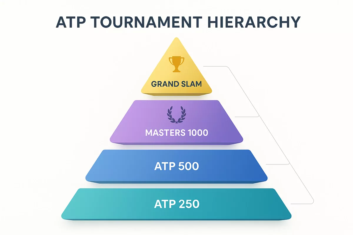 ATP tournament hierarchy pyramid showing Grand Slams, Masters 1000, ATP 500 and ATP 250 events